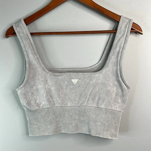 GUESS Grey Crop Tank Top/Sports Bra Logo Nylon Stretch Acid Wash 80’s Vibe M/L - Picture 7 of 10